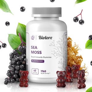 Biolore Sea Moss Gummies with Elderberry | Irish Sea Moss | 60 Pcs | Vitamin Supplement for Thyroid & Immune Support