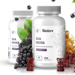 Biolore Sea Moss Gummies with Elderberry | Irish Sea Moss | 120 Pcs | Vitamin Supplement for Thyroid & Immune Support