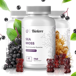 Biolore Sea Moss Gummies with Elderberry | Irish Sea Moss | 180 Pcs | Vitamin Supplement for Thyroid & Immune Support
