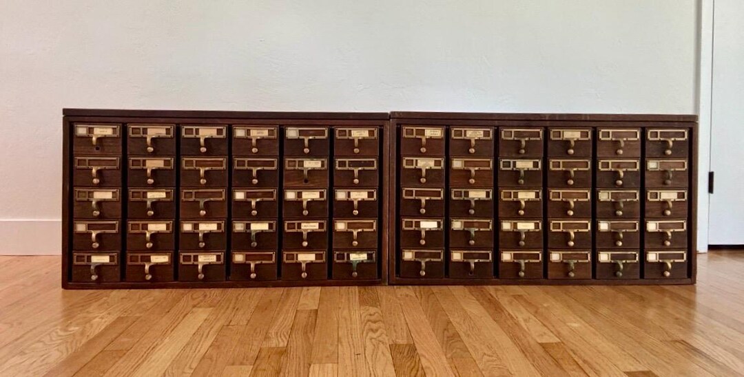 Vintage Library Card Catalog Cabinets – Pair – 60 Drawers Total – Brass ...