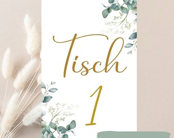 Tischnummern Hochzeit Brauttisch Taufe Geburtstag Tischkärtchen Namensschilder Sitzplan Eukalyptus Deko Gold Boho Tischdeko