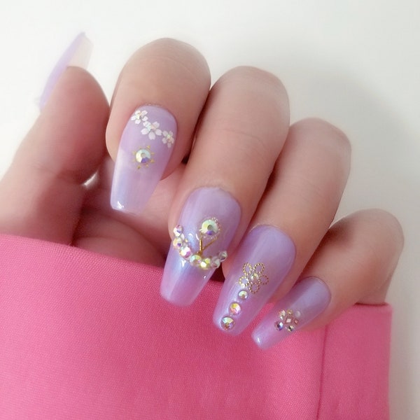 Pink iridescent nails | Fairy gem nails | Translucent pink nails | Holographic false nails | Fairy Press On Nails |