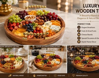 Acacia Wood Serving Tray with Gold Handles | Oval Walnut Finish Breakfast Tray
