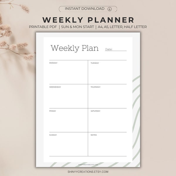 Weekly Planner printable one page, Weekly Planner Printable Template, Minimal Weekly Schedule, Weekly Organizer, A4/A5/Letter/Half