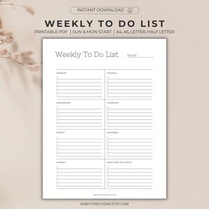 Weekly To Do List 1 Page, Weekly Task List, Weekly Checklist, Weekly To Do List Printable, Productivity Planner, To Do Tracker, Desk Planner