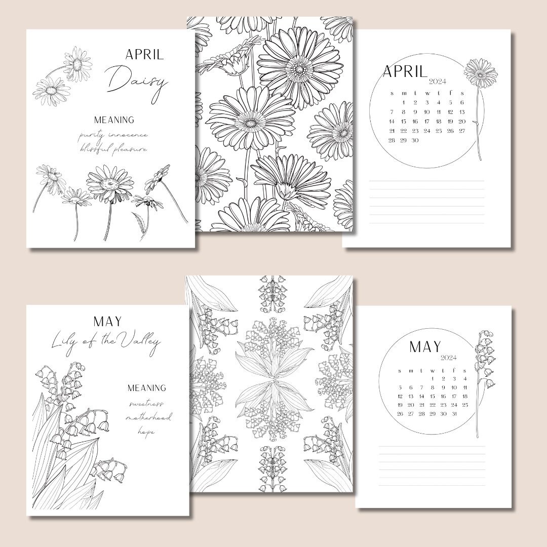 Birth Month Flowers Coloring Planner 2024 2 in 1 Beautiful Floral