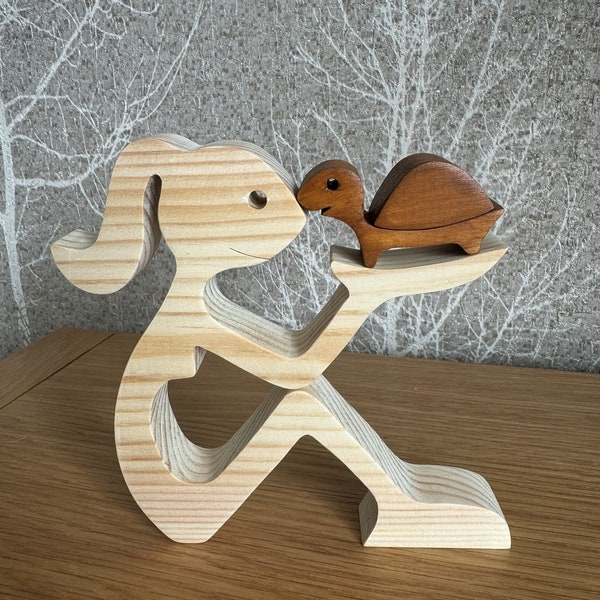 Handmade Wooden Statue, Sitting Woman and Dog, Wood Decor Craft DIY Home Decor