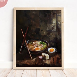 Vintage Rustic Ramen Bowl Oil Painting, Still Life Kitchen Wall Art, Foodie Gift, Asian Noodle Artwork, Dining Room Decor