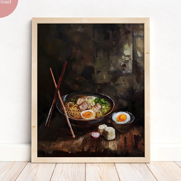 Vintage rustikale Ramen Schüssel Ölgemälde, Stillleben Küche Wandkunst, Foodie Geschenk, asiatische Nudel Kunstwerk, Esszimmer Dekor