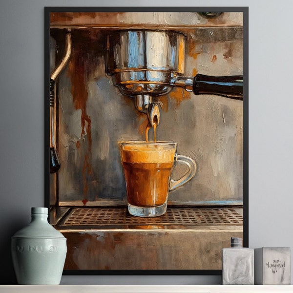 Espresso Machine Wall Art, Coffee Lover's Kitchen Decor, Barista Inspired Oil Painting, Rustic Café Interior Artwork