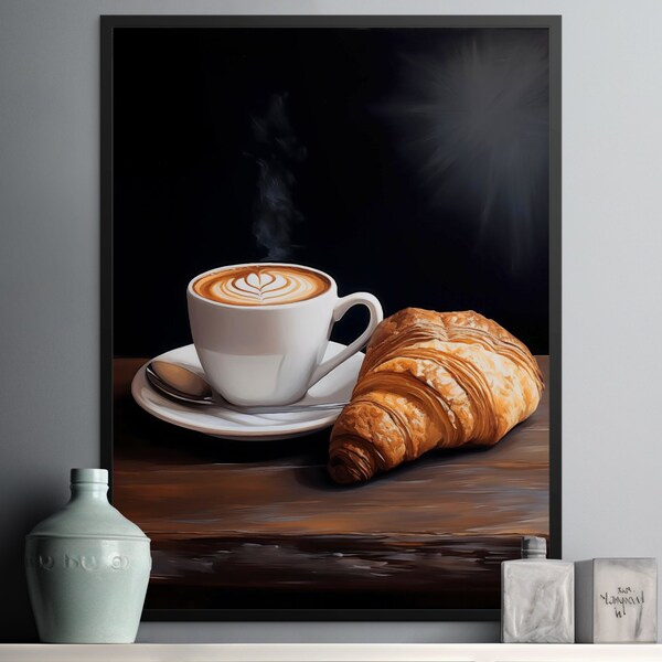 Coffee and Croissant Canvas Print, Kitchen Wall Art, Modern Cafe Decor, Espresso Latte Art, Breakfast Food Artwork, Warm Cozy Dining Room