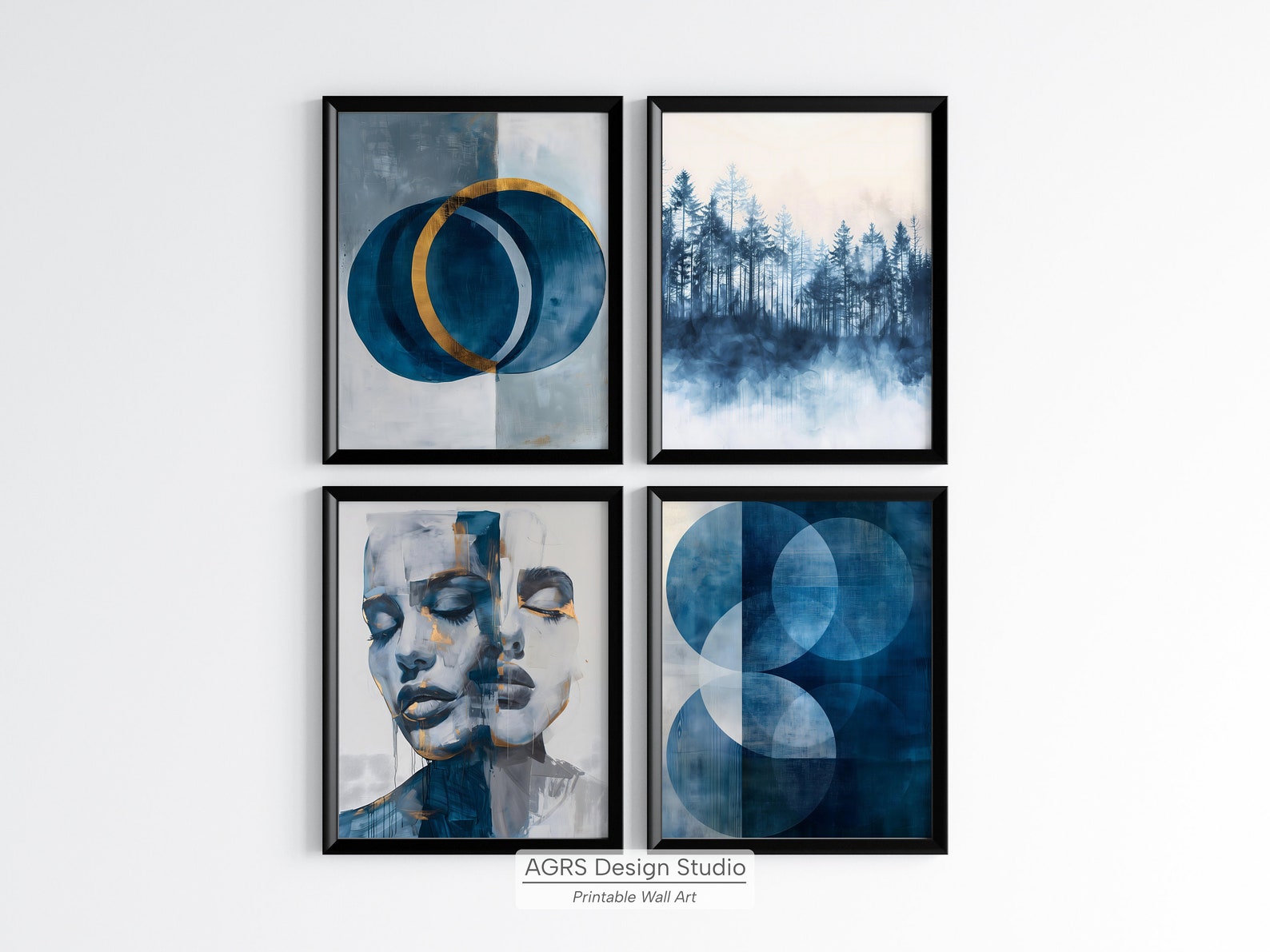Blue Abstract Wall Art Set, Contemporary Art Prints, Minimalist Home