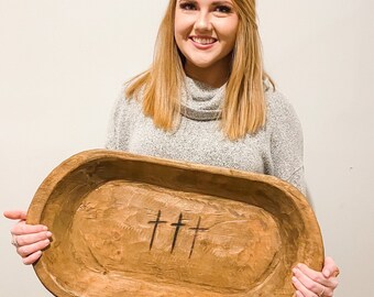 Hand Carved Rustic Dough Bowl with Crosses: Farmhouse Prayer Bowl