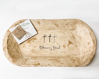 Hand Carved Wood Dough Bowl: Rustic Farmhouse Prayer Bowl with Blessing Cards