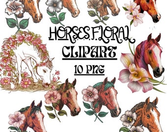 Watercolor Floral Horse Clipart, Boho PNG (Digital Download)