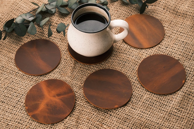 Handmade Leather Coasters Set, Round Leather Coaster, Leather Drink