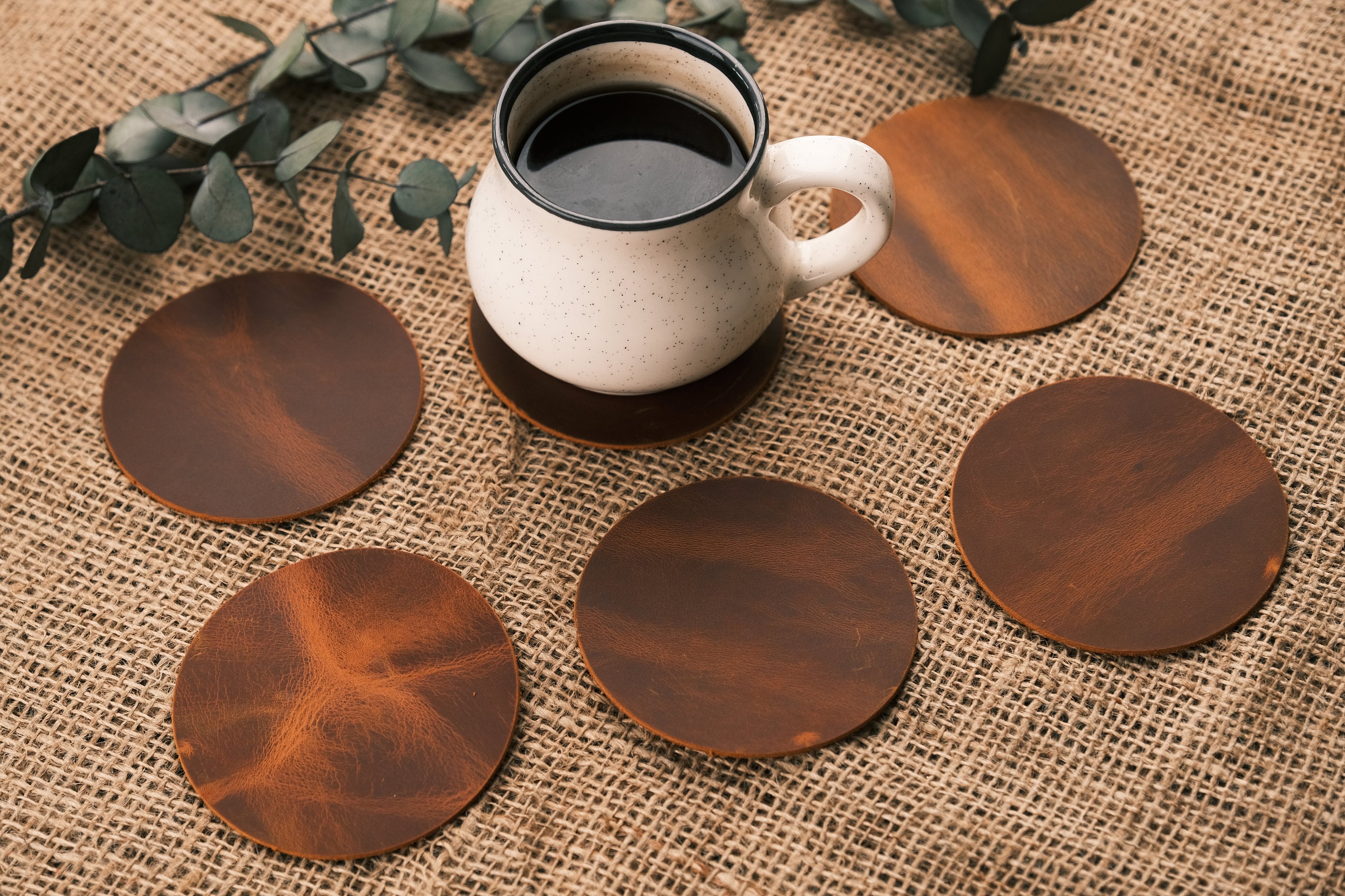 Handmade Leather Coasters Set, Round Leather Coaster, Leather Drink