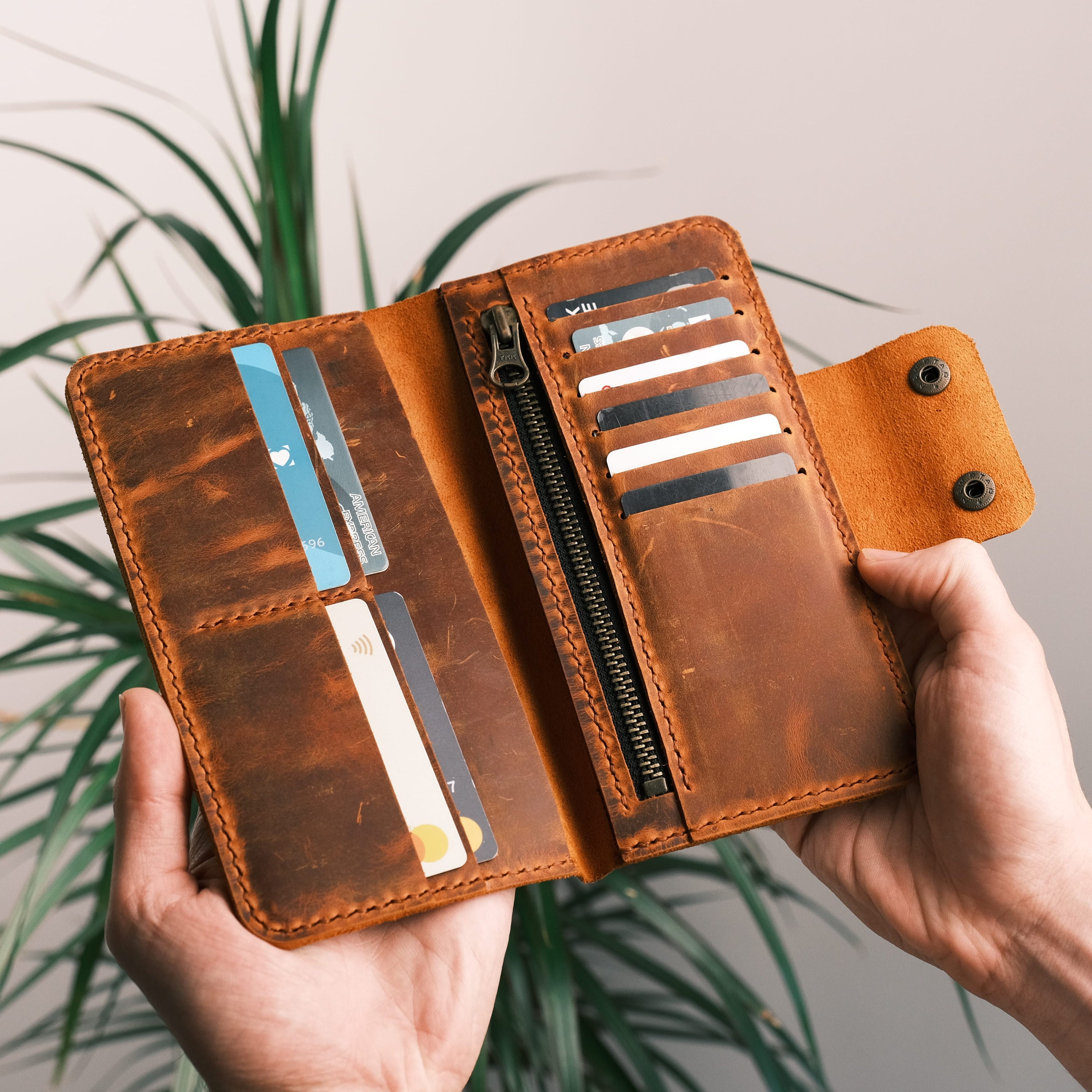 Handmade Leather Long Bifold Wallet: Coin & Phone Pocket