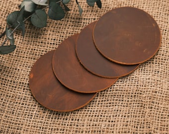 Handmade Leather Coasters Set, Round Leather Coaster, Leather Drink Mats, Housewarming Gift, Stylish Leather Table Protection, Home Decor