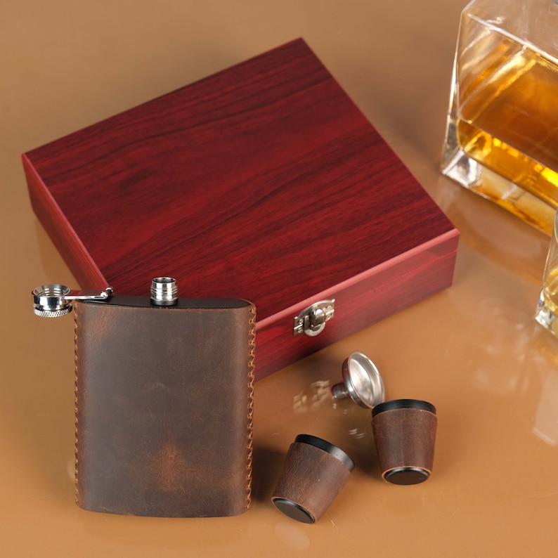Personalized Leather Hip Flask Set With Wood Box, Whiskey Hip Flask, Leather Vessel,drinking ...