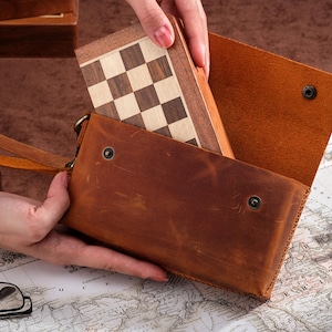 Personalized Wood Chess Set with Leather Case, Magnetic Travel Chess Board, Custom Engraved Chess Set for Him, Luxury Handcrafted Chess Game
