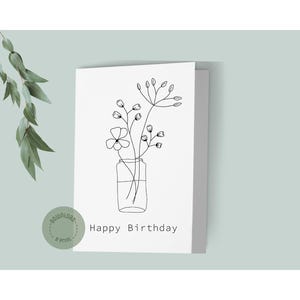 Biglietto di auguri di buon compleanno / Fiori in vaso con linee minimaliste / Saluto stampabile in bianco e nero