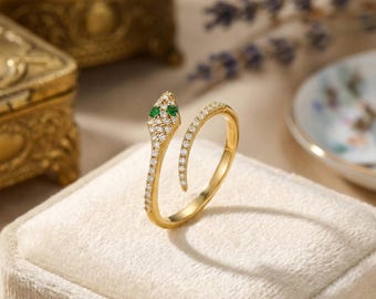 Gold Snake Ring • Adjustable Serpent Design • Dainty Crystal Jewelry Gift for Women