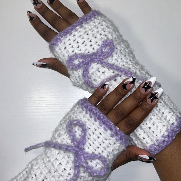 Purple & White Bow Crochet Hand-Warmers