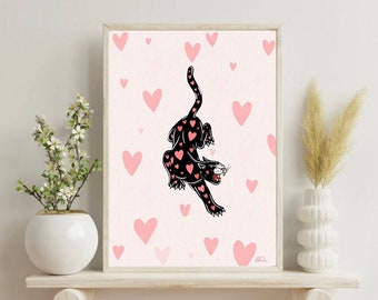 Traditional Tattoo Leopard Panther Illustrated Art Print | Wall Decor Poster | Blush Pink Heart Wall Art Print | Minimalist Traditional