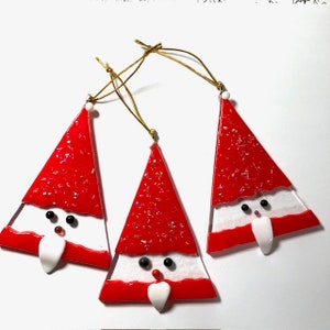Handmade set of 3 Fused Glass Christmas Santa Ornament Decor