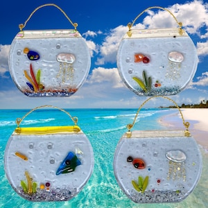 Fused glass fish tan with jelly fish: tree ornament, suncatcher, hostess gift, home decor, marine life lovers , fishing enthusiasts gift,