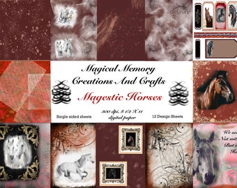May include: Twelve digital paper sheets featuring horses in various poses and settings. The papers are 8.5 inches by 11 inches and 300 dpi. The papers are single-sided and have a vintage aesthetic.