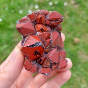 May include: A cluster of deep red crystals with sharp, geometric facets. The natural mineral formation has a rough, textured surface and a dark, almost black, interior in some areas. The crystals are held in a hand against a blurred green background.