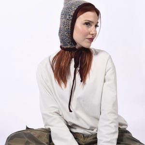 Handmade Cashmere Knitted Bonnet - The Goddess Bridgid Pixie Hood in Blue and Red