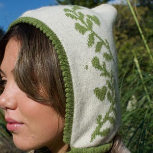 Handmade Cashmere Knitted Bonnet - Laurel Leaf Pixie Hood in Green and Cream