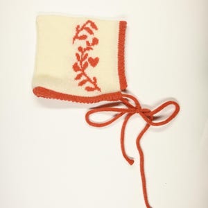 Handmade Cashmere Knitted Baby Bonnet - "Laurel Leaf" Baby Pixie Hood in Orange and Cream