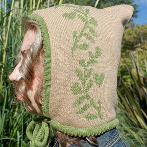 Cashmere Knit Hood, Cottage-core Pixie Bonnet - Laurel Leaf Hood, Handmade in Green and Oatmeal