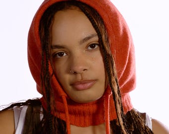 Orange Knit Balaclava, Cozy Wool Head Scarf, Warm Knitted Head Covering, Aesthetic Winter Neck Warmer, Y2K Drawstring Hood Hat