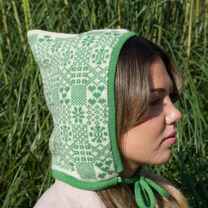 Handmade Cashmere Knitted Bonnet - The Goddess Bridgid Pixie Hood in Cream and Green