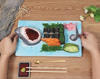 Ceramic Sushi Plate, Shark Shape Rectangle Dessert Cake Snack Cheese Board Japanese-Style Skewer Plates Dining Kitchen Decor