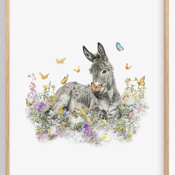 Print of Donkey wall art for nursery, prints of donkeys b&w, baby boy and girl picture for bedroom decor, drawing of Donkey photography