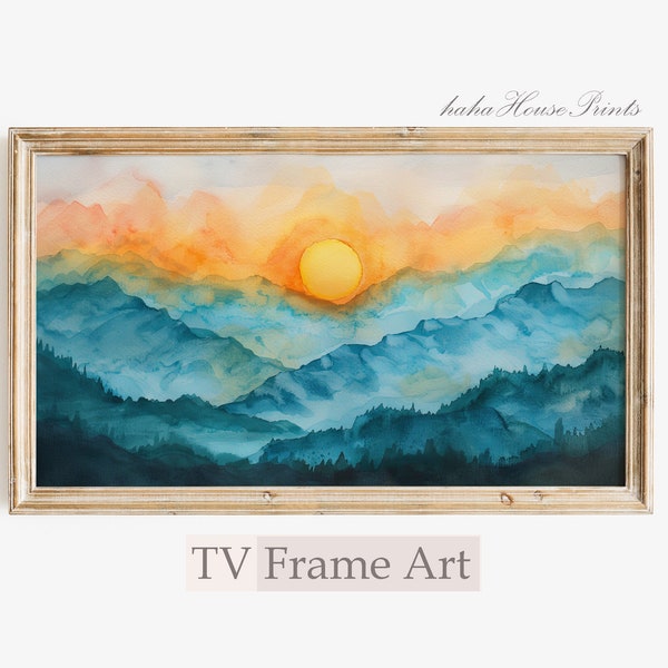 Mountain Sunset Landscape Frame TV Art, Intense Colourful Abstract TVFrame,  Minimal Watercolor Painting, Rustic Scenery Screensave TV34