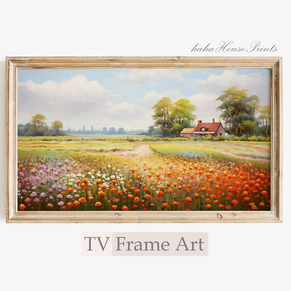 Samsung TV Art, Spring Wildflower Landscape Television Frame for Living room decoration, Colourful Rustic Warm tonal Palette Screen TV30