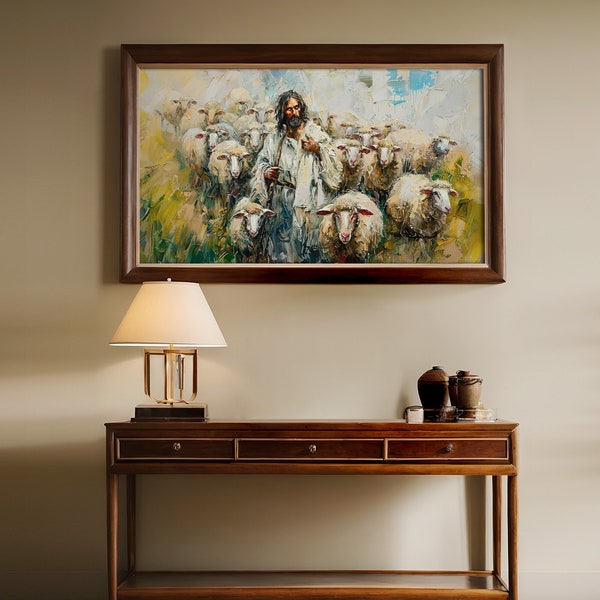 Jesus Leaves The 99, Samsung Frame TV, Good Shepherd, The Lost Sheep, Bible Easter Room Decoration, Catholic religious Art for kids TV18