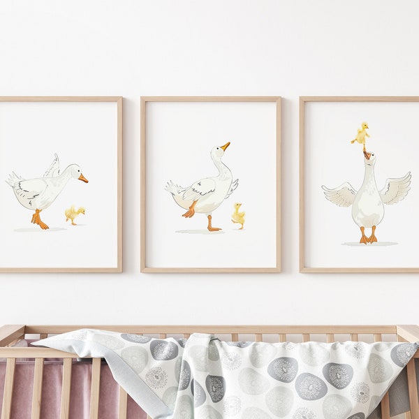 Ducks Nursery Art, Yellow Duckling dancing with his Mom Duck, Nursery Prints, Nursery Wall Art Decor, Printable Watercolor Painting, set 3