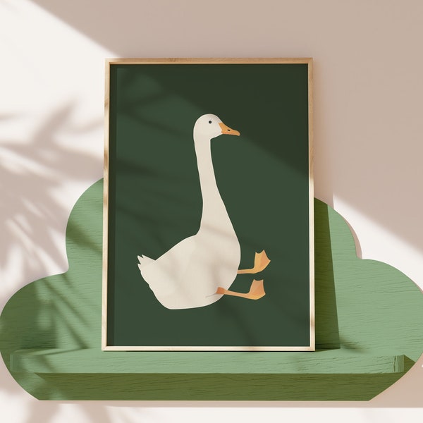 Silly Goose Wall Art for Nursery Home Decor, Digital Downloadable Picture, Goose Dark Green for Children's Room, Farm Animal Printable