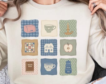 Grandma Core Kitchen Patch Sweatshirt, Gildan Crewneck, Cottagecore Recipe Book Tea Cozy Top, Vintage Style Granny Pullover