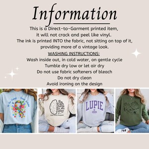 May include: Image featuring four different sweatshirts. The first is light blue with a colorful ribbon graphic. The second is beige with a brain graphic. The third is gray with "LUPIE" text. The fourth is olive green with a mountain graphic. Text at the top provides product information.