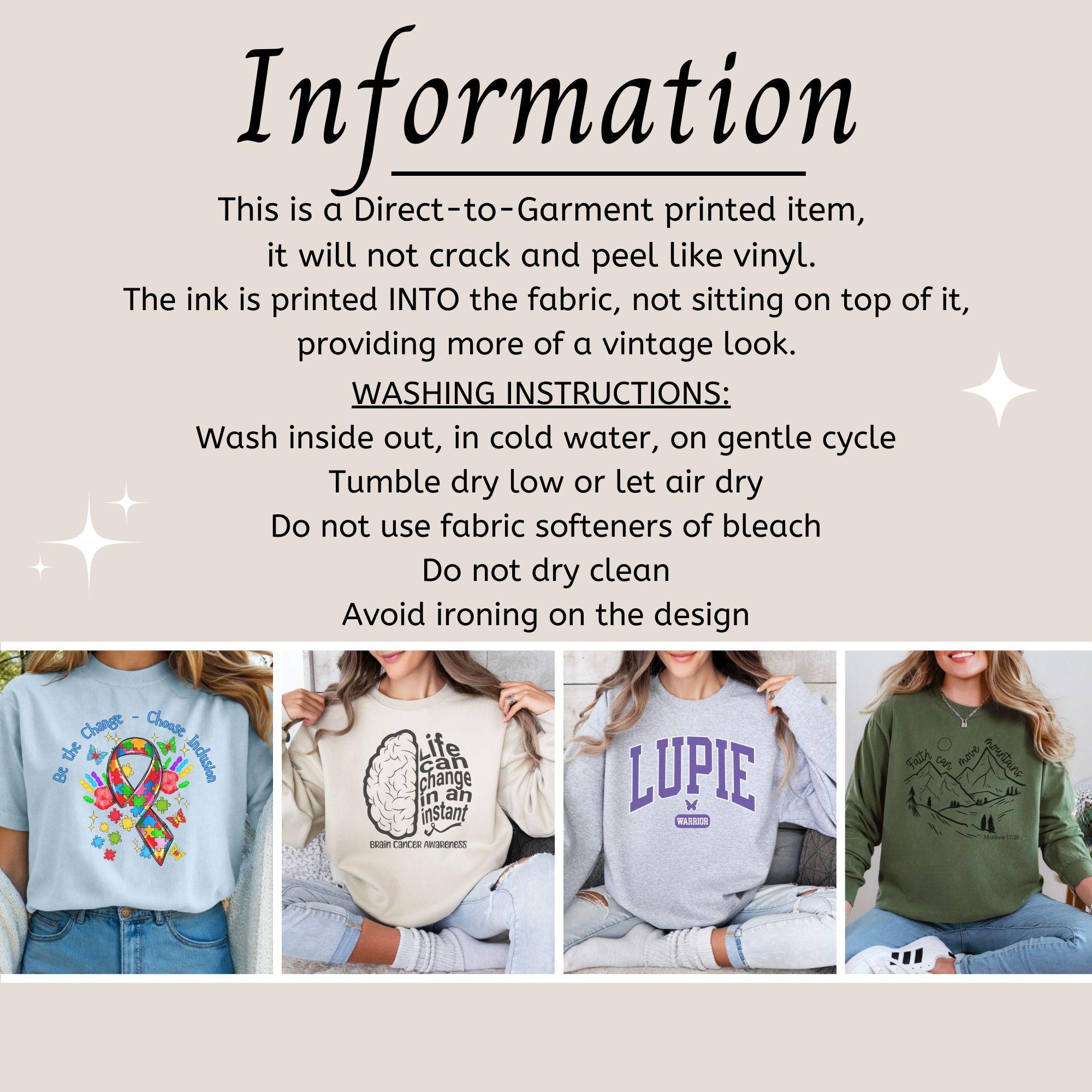 May include: Image featuring four different sweatshirts. The first is light blue with a colorful ribbon graphic. The second is beige with a brain graphic. The third is gray with "LUPIE" text. The fourth is olive green with a mountain graphic. Text at the top provides product information.