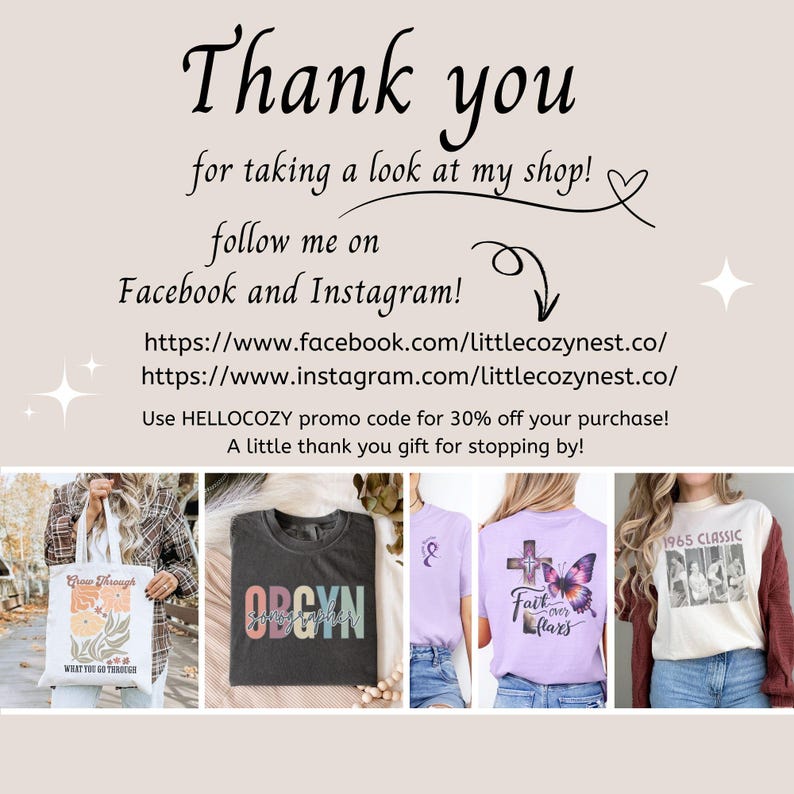 May include: A promotional image with the text "Thank you" and shop details. It includes social media handles, a discount code, and a variety of product images, including t-shirts and a tote bag.